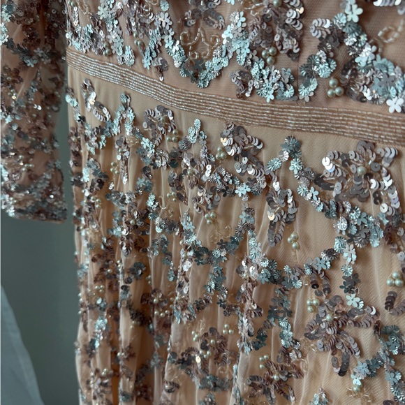 Mac Duggal Pink Embellished Illusion High Neck Long Sleeve A Line Gown - Picture 7 of 12